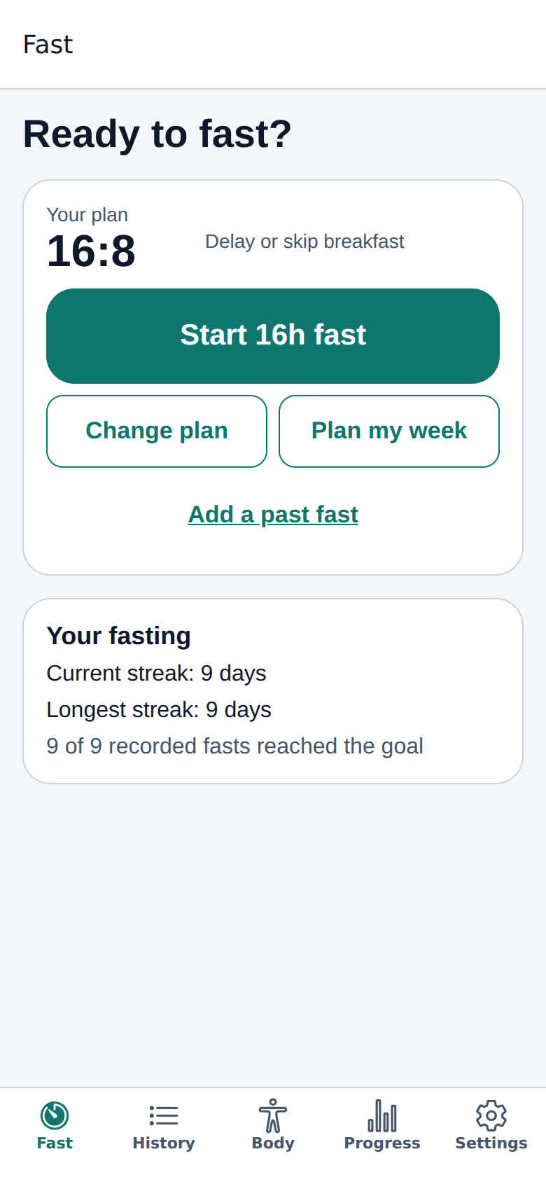 FastMetry Fast tab, showing the usual plan, a Start fast button, and a nine-day streak