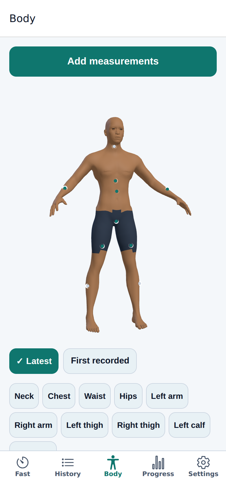 FastMetry Body tab, showing an illustrative 3D figure with tappable measurement points