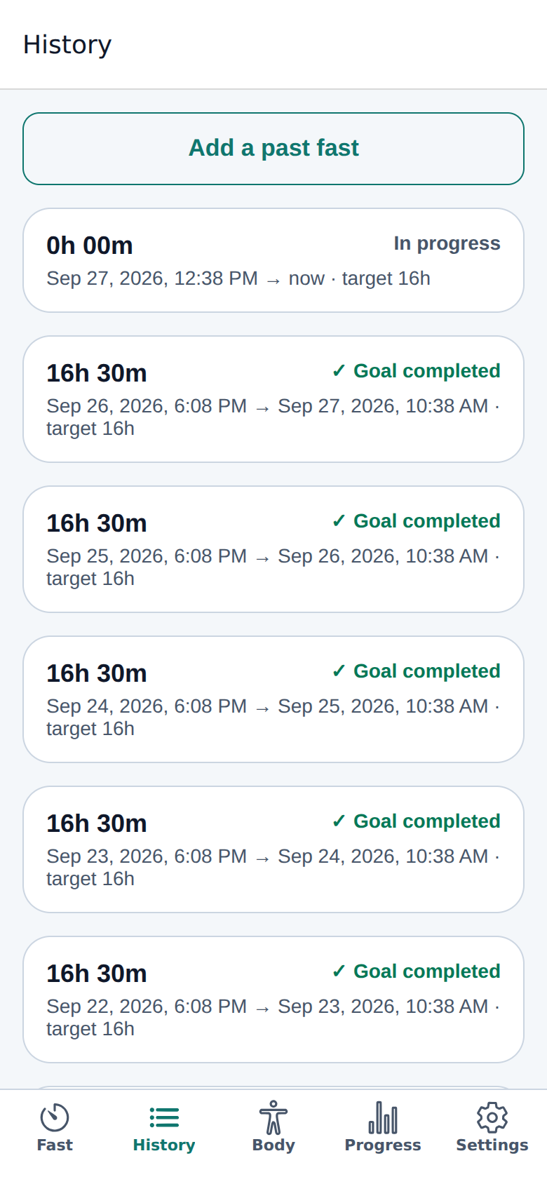 FastMetry History tab, listing past fasts with their length and whether the goal was reached